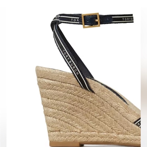 NEW Tory Burch Tory Ribbon Strappy 90mm Wedge Espadrille Sandal Navy & Tan Sz 6 - Picture 3 of 16
